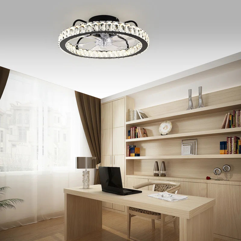 Dimmable 50cm crystal ceiling fan with LED light, remote control, and app compatibility, featuring elegant crystal accents and modern design.