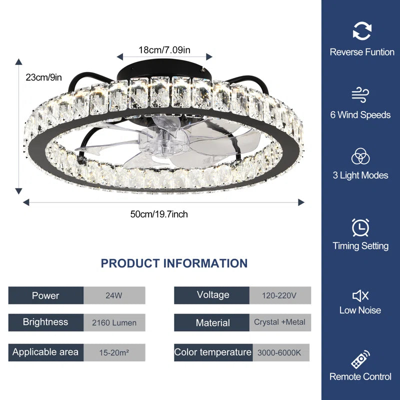 Dimmable 50cm crystal ceiling fan with LED light, remote control, and app compatibility, featuring elegant crystal accents.