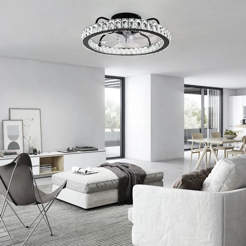 Dimmable 50cm crystal ceiling fan with LED light, remote control, and app compatibility by TheChandelierCo.