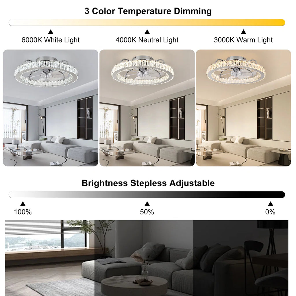 50cm dimmable crystal ceiling fan with LED light, remote control, and app from TheChandelierCo, showcasing elegant design and modern features.