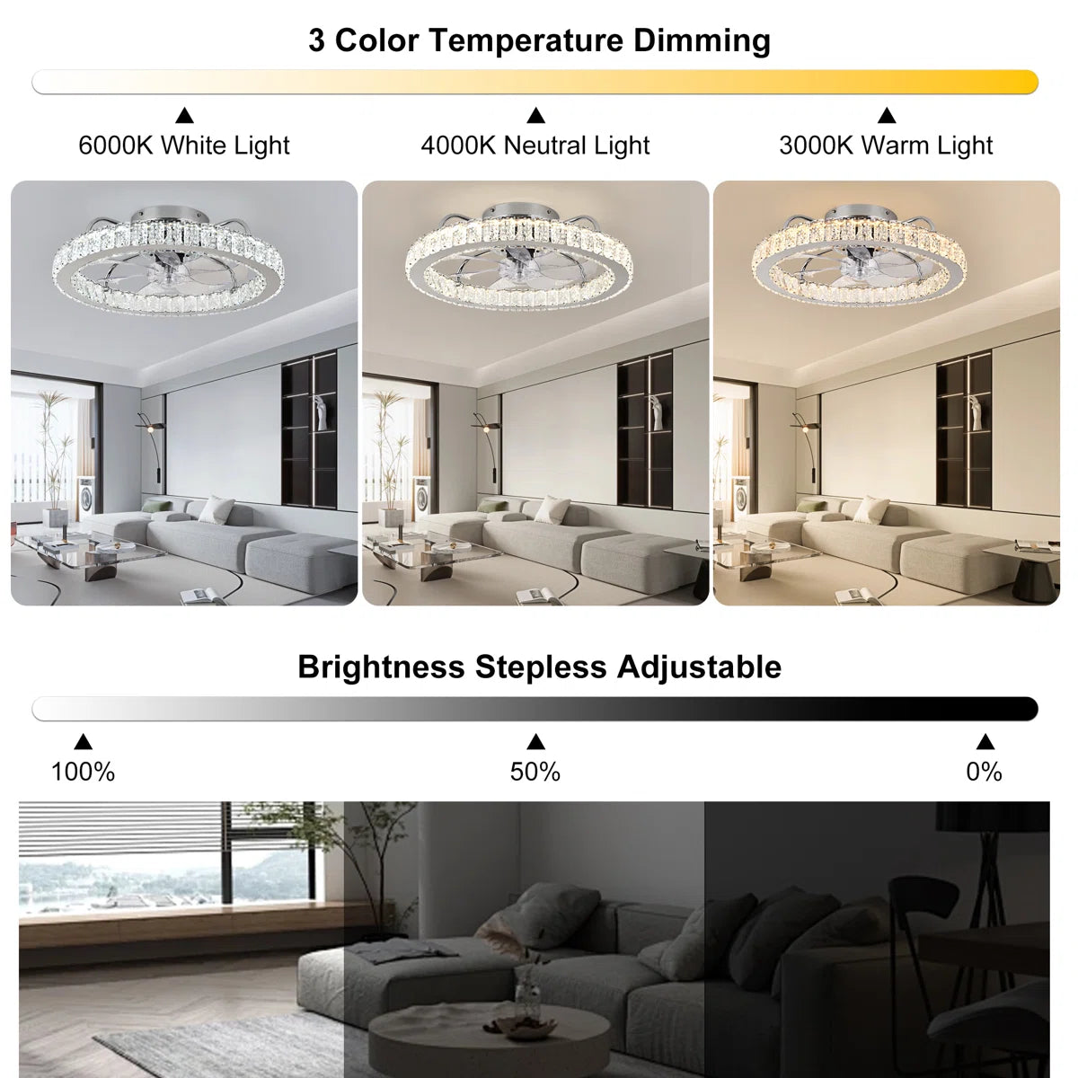 50cm dimmable crystal ceiling fan with LED light, remote control, and app from TheChandelierCo, showcasing elegant design and modern features.