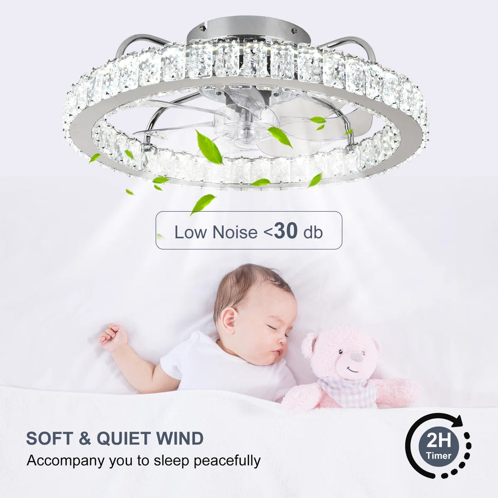 50cm dimmable crystal ceiling fan with LED light, remote control, and app from TheChandelierCo, featuring elegant design and modern functionality.