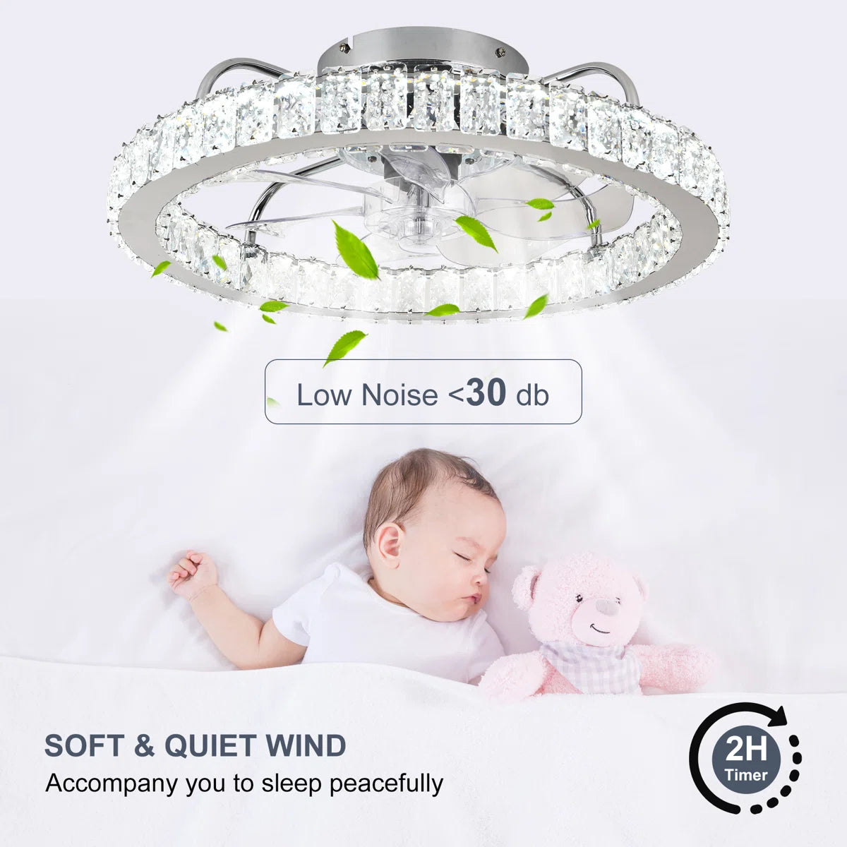 50cm dimmable crystal ceiling fan with LED light, remote control, and app from TheChandelierCo, featuring elegant design and modern functionality.