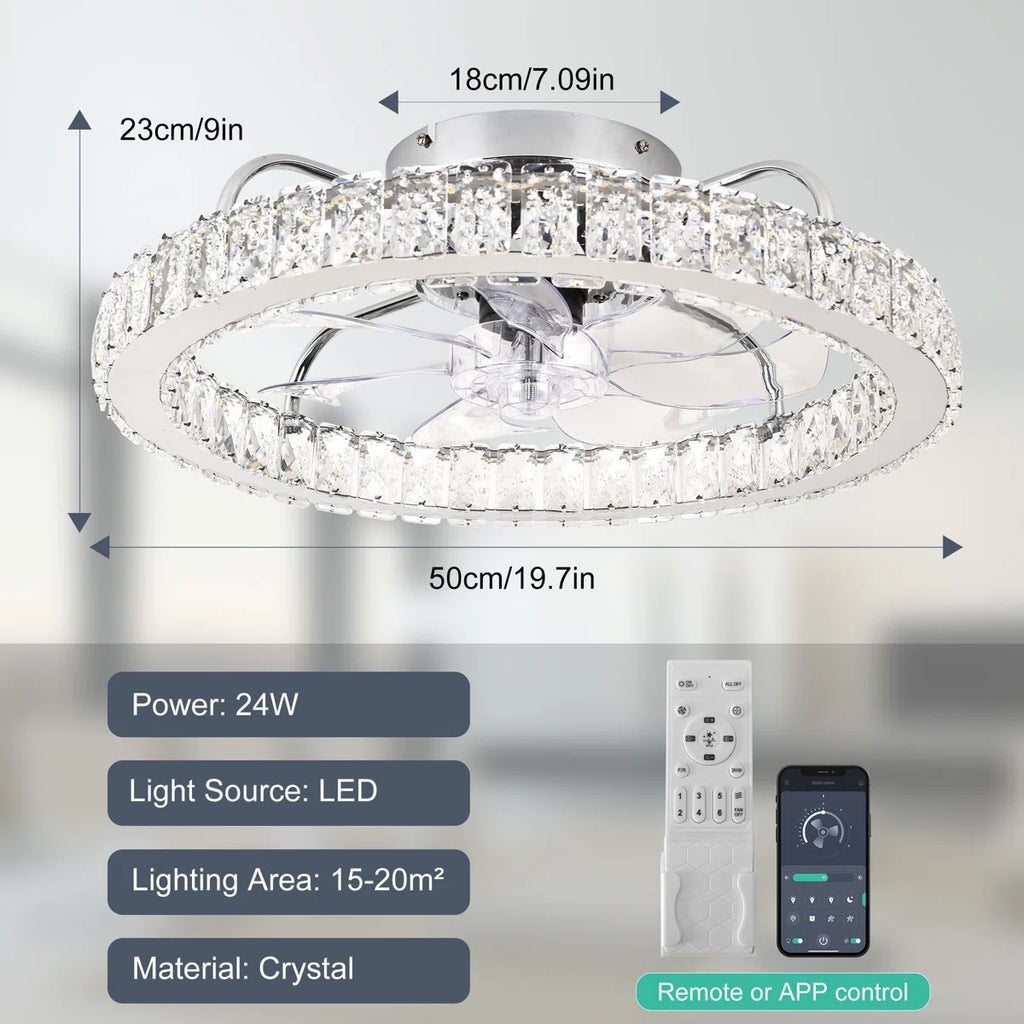 Dimmable 50cm crystal ceiling fan with LED light, remote control, and app, by TheChandelierCo, featuring elegant crystal accents.