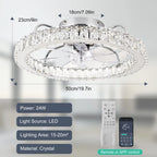 Dimmable 50cm crystal ceiling fan with LED light, remote control, and app, by TheChandelierCo, featuring elegant crystal accents.
