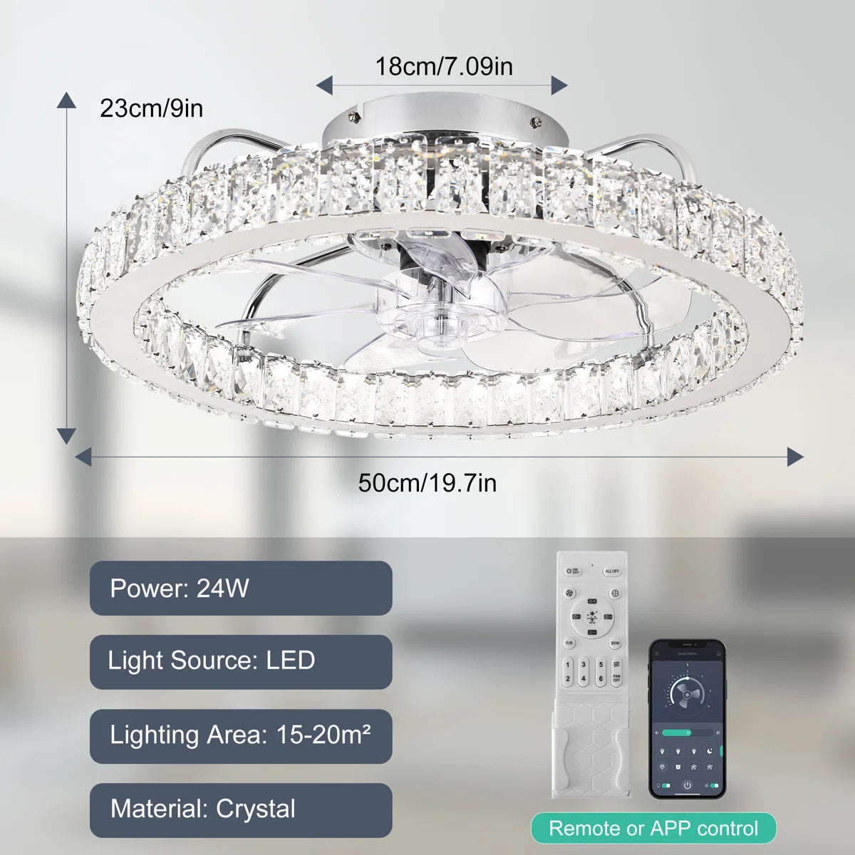 Dimmable 50cm crystal ceiling fan with LED light, remote control, and app, by TheChandelierCo, featuring elegant crystal accents.