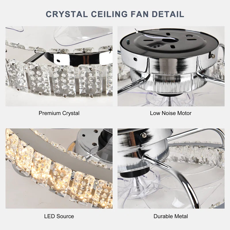 Dimmable 50cm crystal ceiling fan with LED light, remote control, and app compatibility, featuring elegant crystal design from TheChandelierCo.