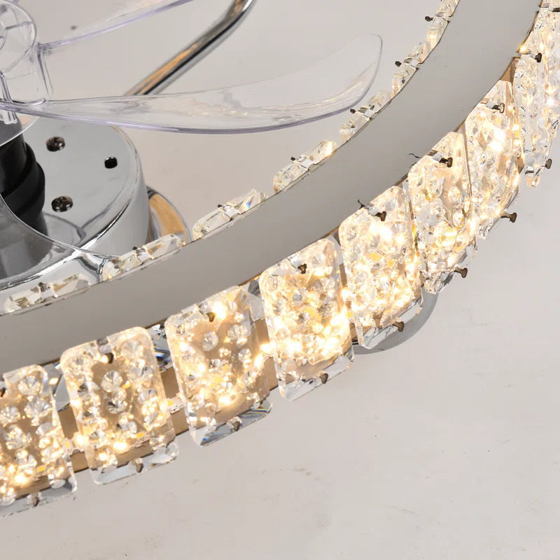 Dimmable 50cm crystal ceiling fan with LED light, remote control, and app, featuring elegant crystal design and modern finish.