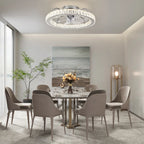 Dimmable 50cm crystal ceiling fan with LED light, remote control, and app compatibility, featuring elegant crystal detailing.