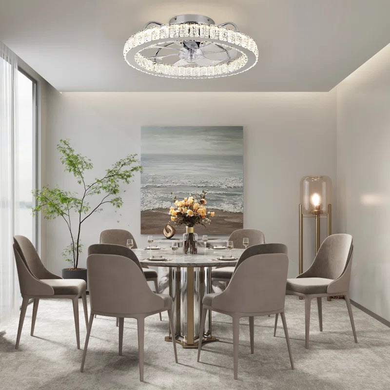 Dimmable 50cm crystal ceiling fan with LED light, remote control, and app compatibility, featuring elegant crystal detailing.