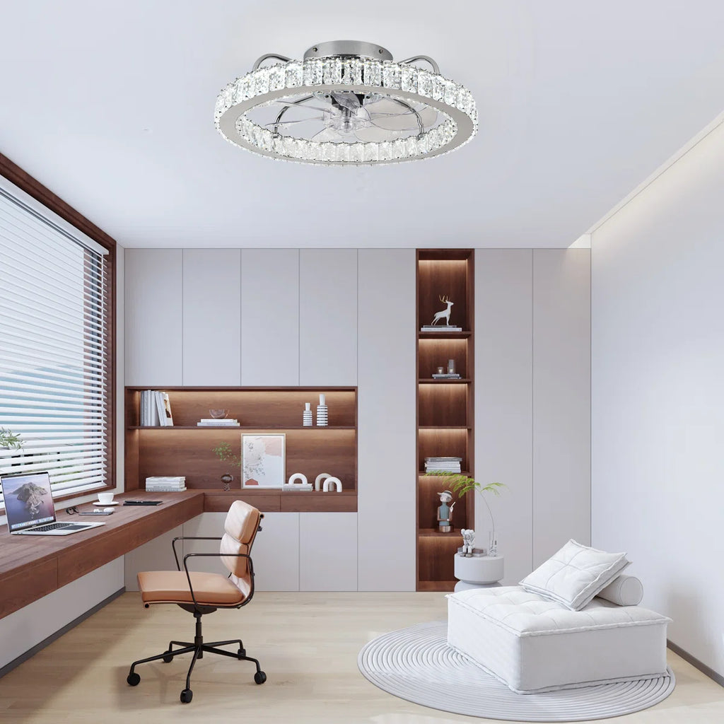 50cm dimmable crystal ceiling fan with LED light, remote control, and app from TheChandelierCo, featuring elegant crystal accents.