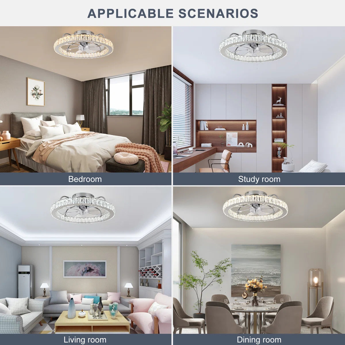 Crystal ceiling fan with 50cm diameter, LED light, remote control, and app compatibility, featuring a modern design by TheChandelierCo.