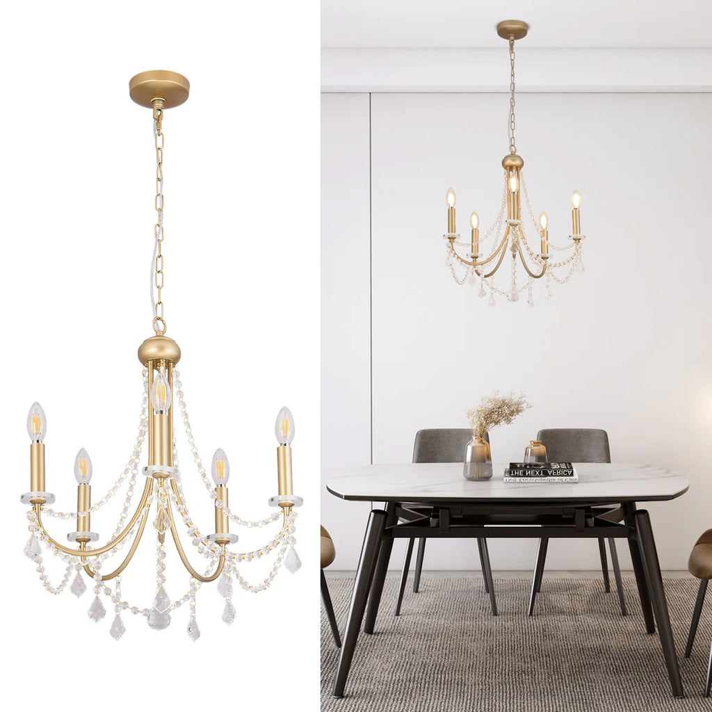 Five-light candle-style chandelier by TheChandelierCo with elegant candle-shaped light fixtures and a classic gold finish.