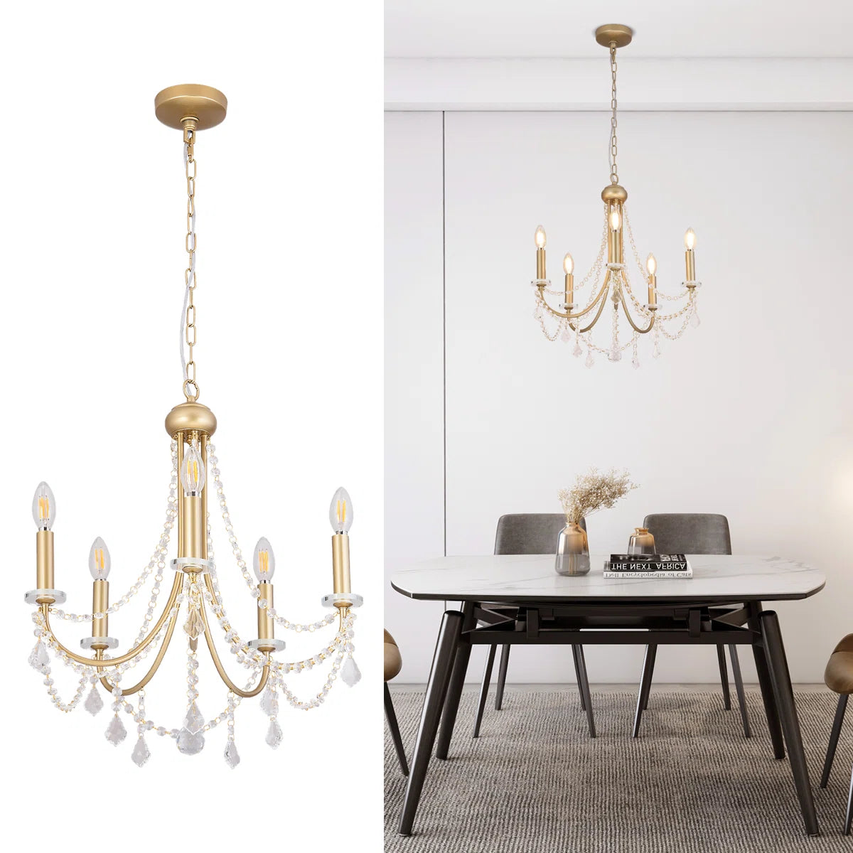 Five-light candle-style chandelier by TheChandelierCo with elegant candle-shaped light fixtures and a classic gold finish.