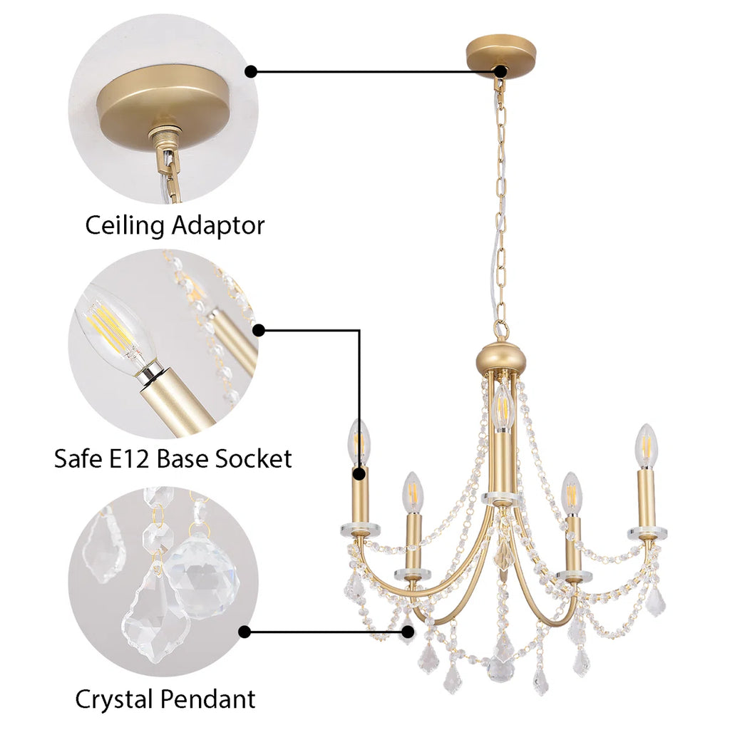 Five-light candle-style chandelier from TheChandelierCo featuring classic candle holders and elegant design for home decor.