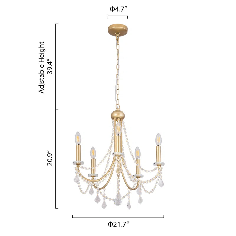 Five-light candle style chandelier with elegant metal frame and candle-shaped bulbs, perfect for classic interior decor.