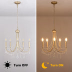 Elegant candle-style chandelier with five lights and classic design, featuring ornate metalwork and candle-shaped bulbs.