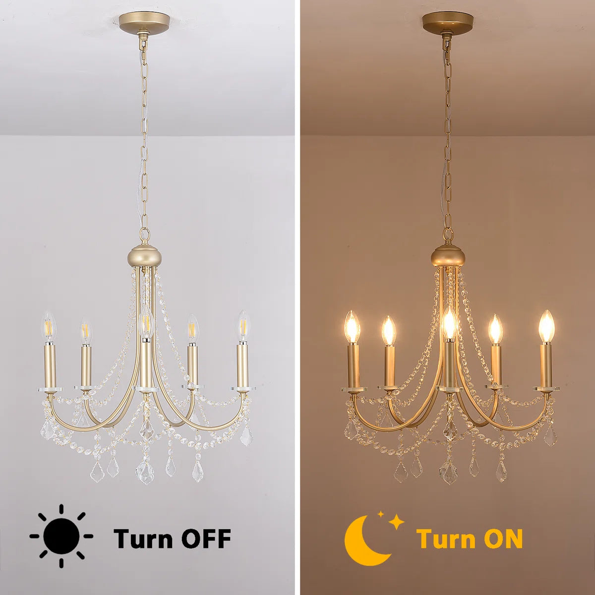 Elegant candle-style chandelier with five lights and classic design, featuring ornate metalwork and candle-shaped bulbs.