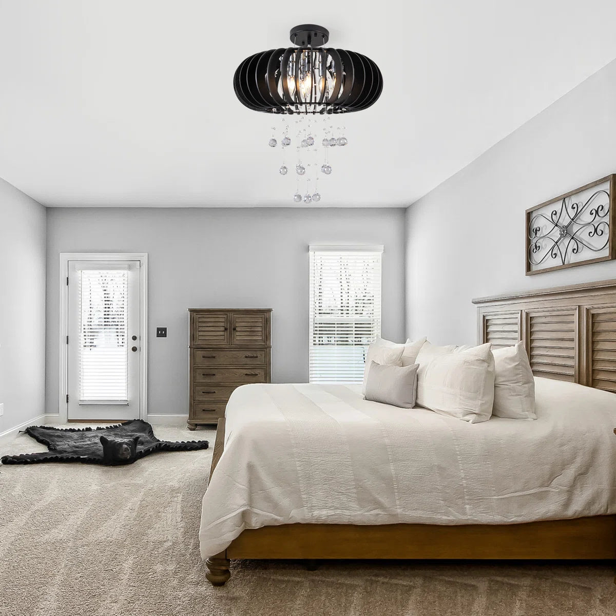 6 - Light Wood Caged Crystal Dimmable Chandelier