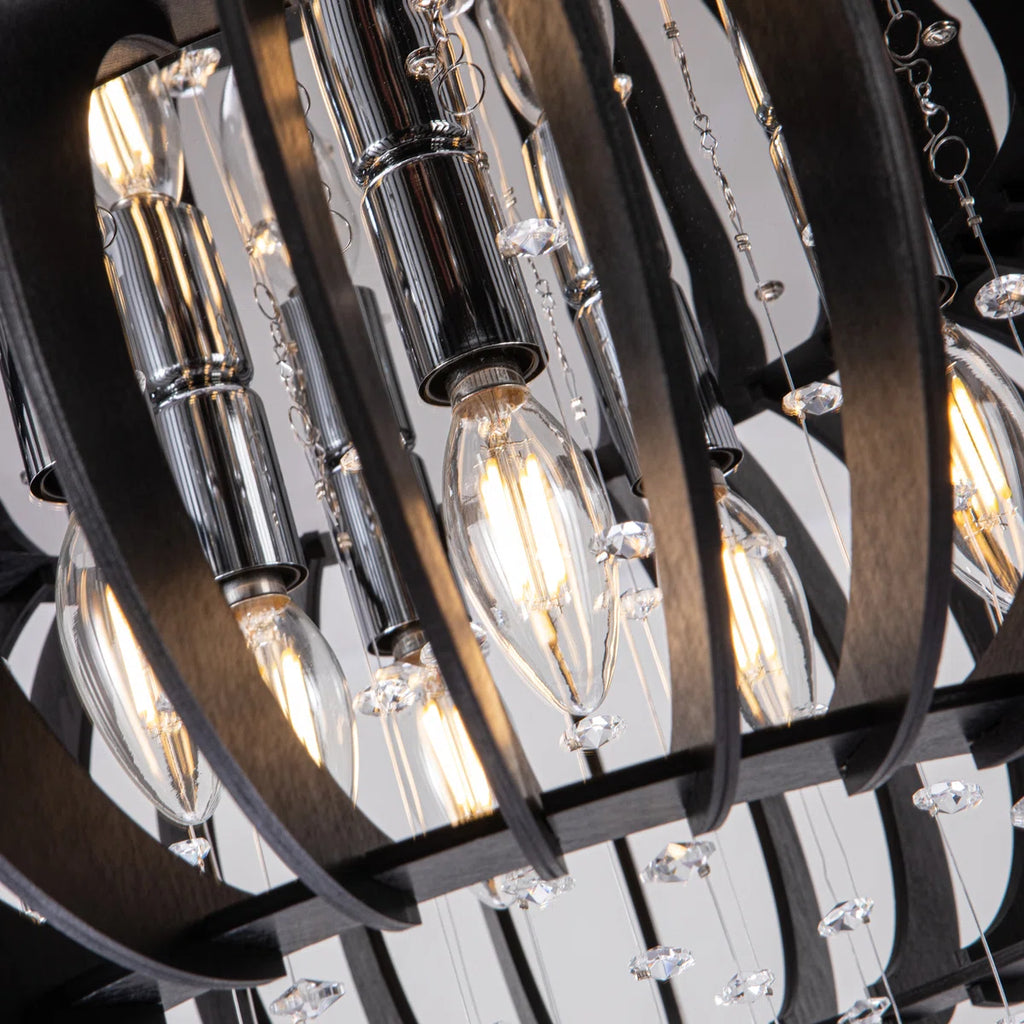 6 - Light Wood Caged Crystal Dimmable Chandelier