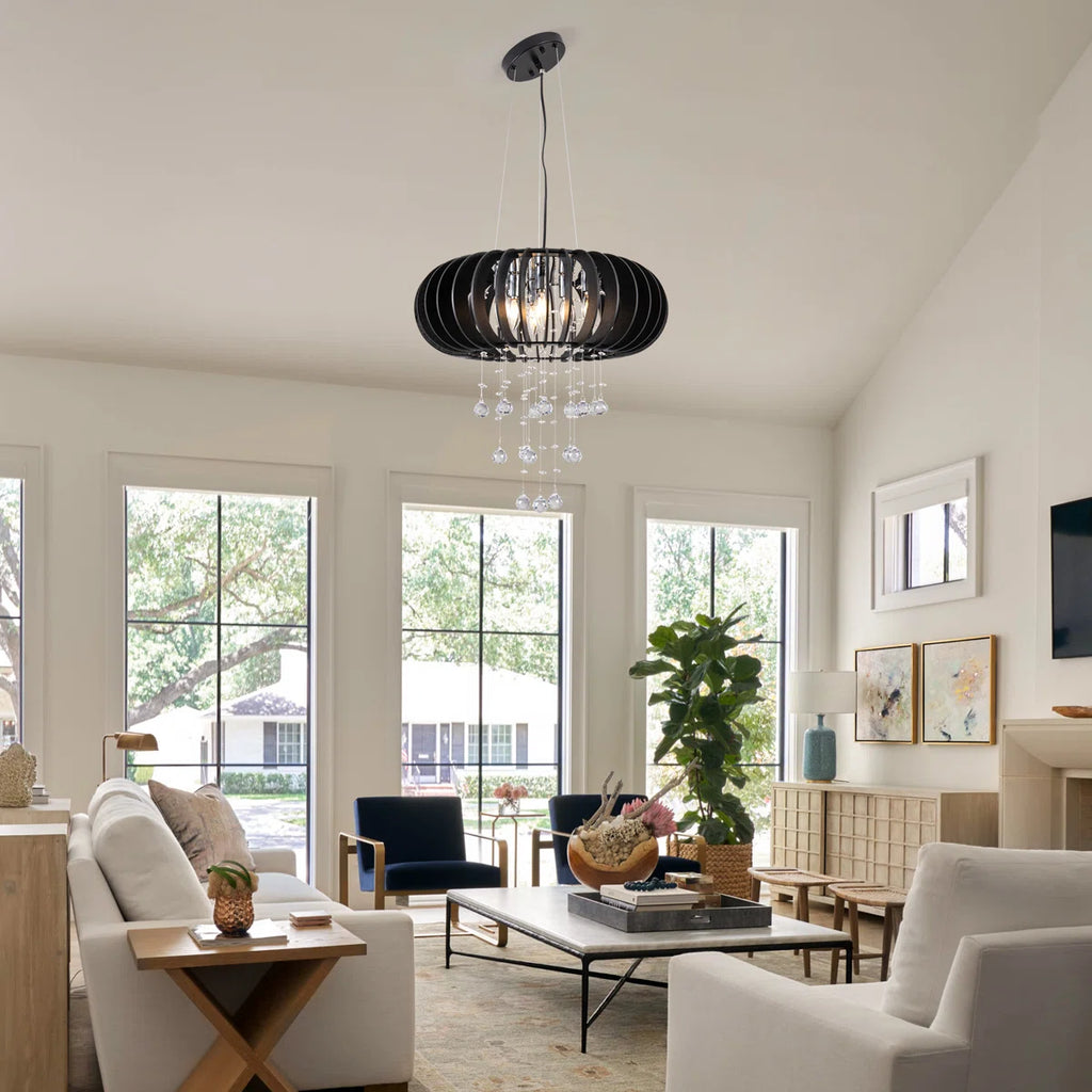 6 - Light Wood Caged Crystal Dimmable Chandelier