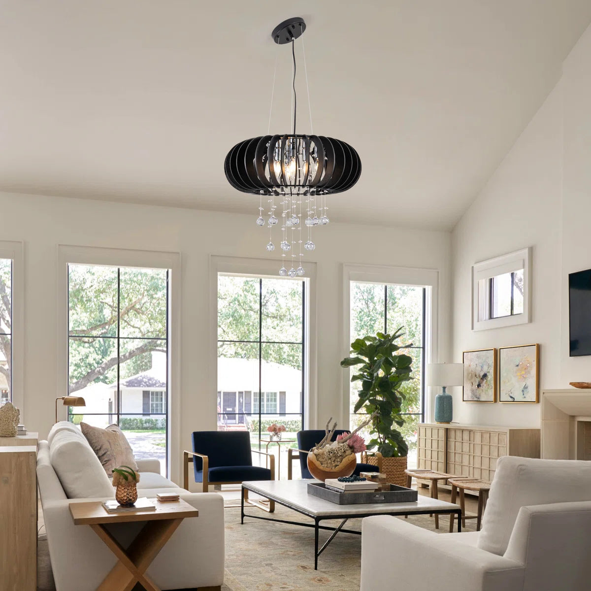 6 - Light Wood Caged Crystal Dimmable Chandelier