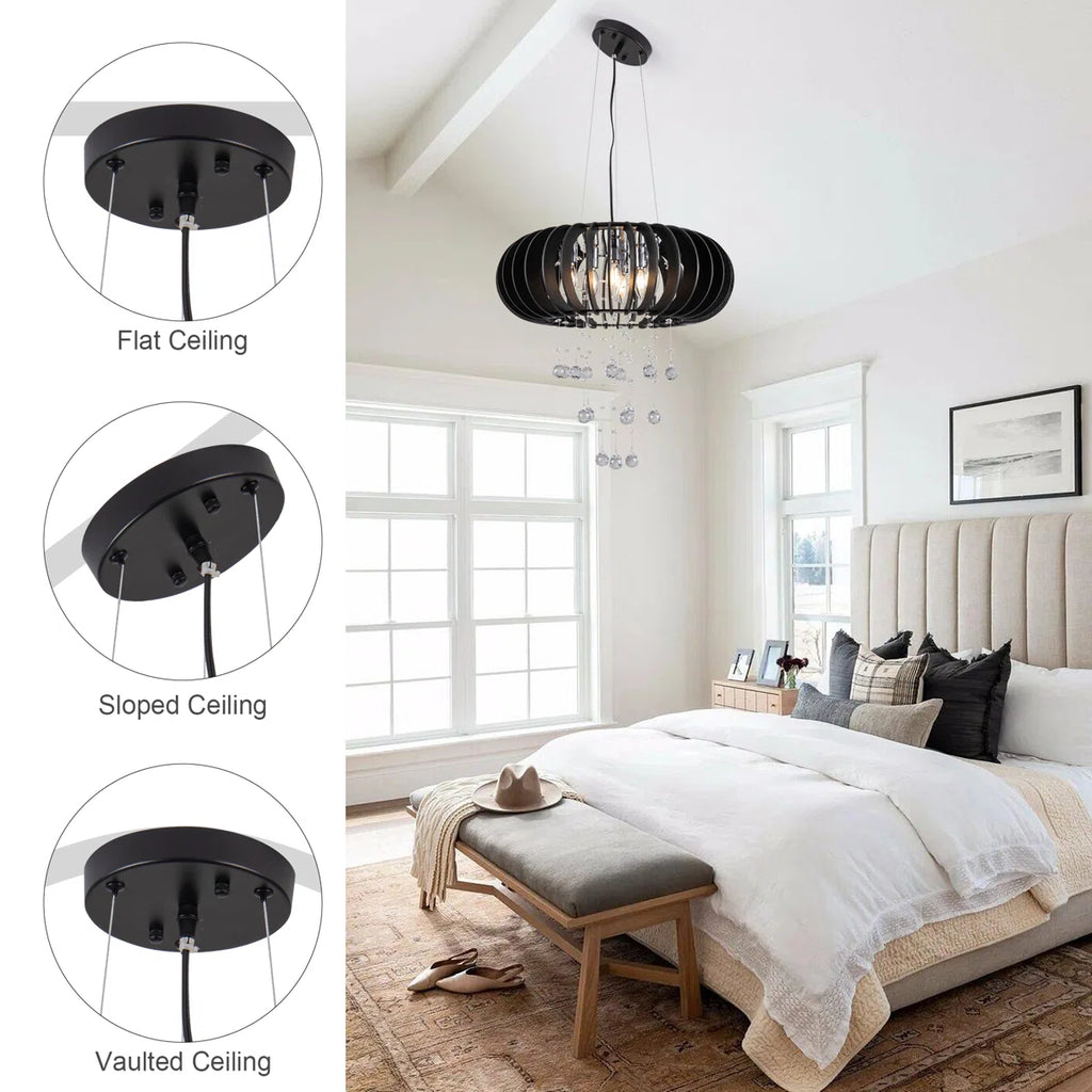 6 - Light Wood Caged Crystal Dimmable Chandelier