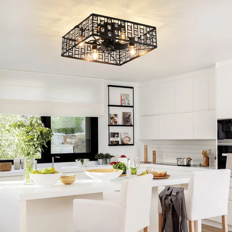 Seven-blade 50cm ceiling fan by TheChandelierCo with remote control and integrated light kit, mounted on ceiling with blades visible.
