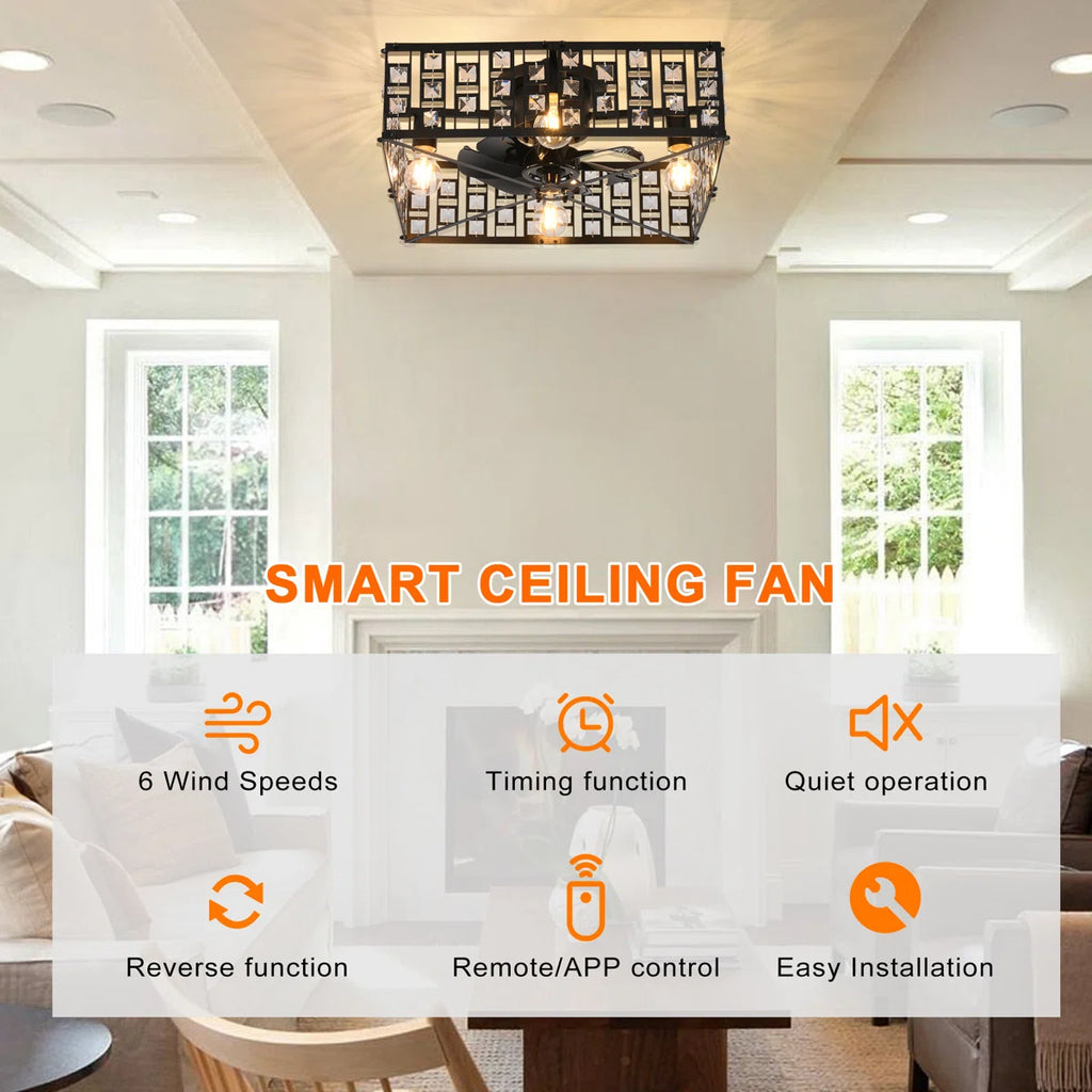 7-blade 50cm ceiling fan from TheChandelierCo with remote control and integrated light kit, modern design and black finish.