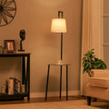 Abhirami 150cm black metal tray table floor lamp with beige linen lampshade, modern lighting fixture with a sleek design