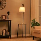Abhirami 150cm black metal tray table floor lamp with beige linen lampshade, modern lighting fixture with a sleek design