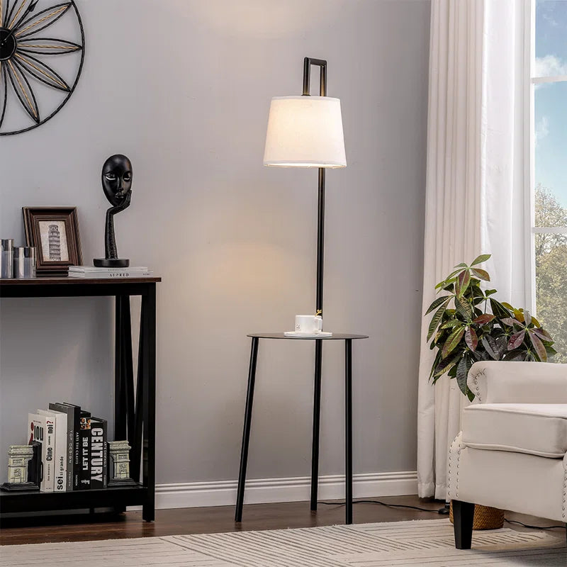 Abhirami 150cm black metal tray table floor lamp with linen lampshade, standing tall with a modern design and sturdy base