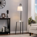 Abhirami 150cm black metal tray table floor lamp with linen lampshade, standing tall with a modern design and sturdy base