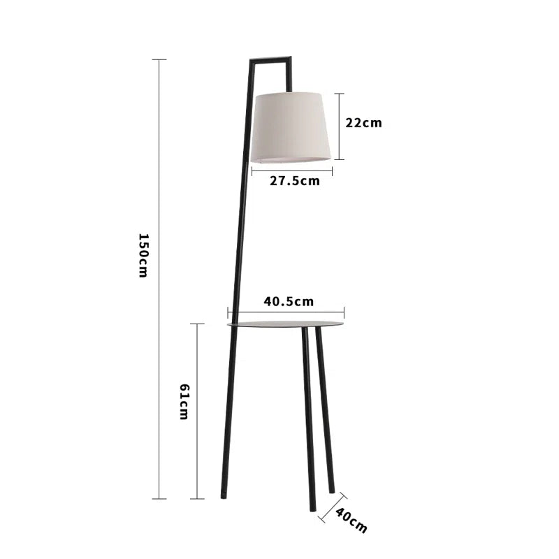 Black metal tray table floor lamp with linen lampshade, 150cm tall, modern design, by TheChandelierCo.