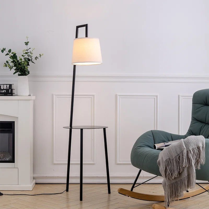 Black metal tray table floor lamp with linen lampshade, 150cm height, modern design, by TheChandelierCo.