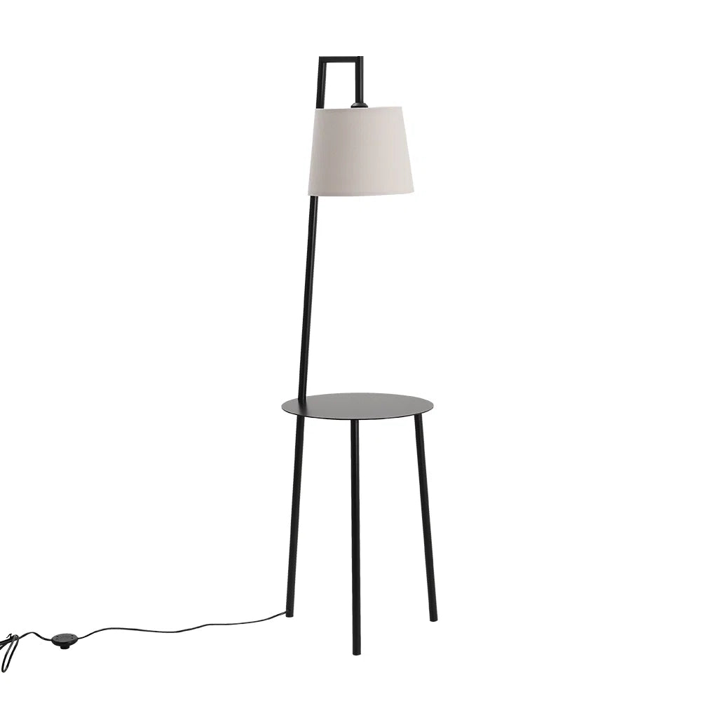 Abhirami 150cm black metal tray table floor lamp with linen lampshade, standing tall with a modern design and sleek finish.