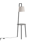 Abhirami 150cm black metal tray table floor lamp with linen lampshade, standing tall with a modern design and sleek finish.