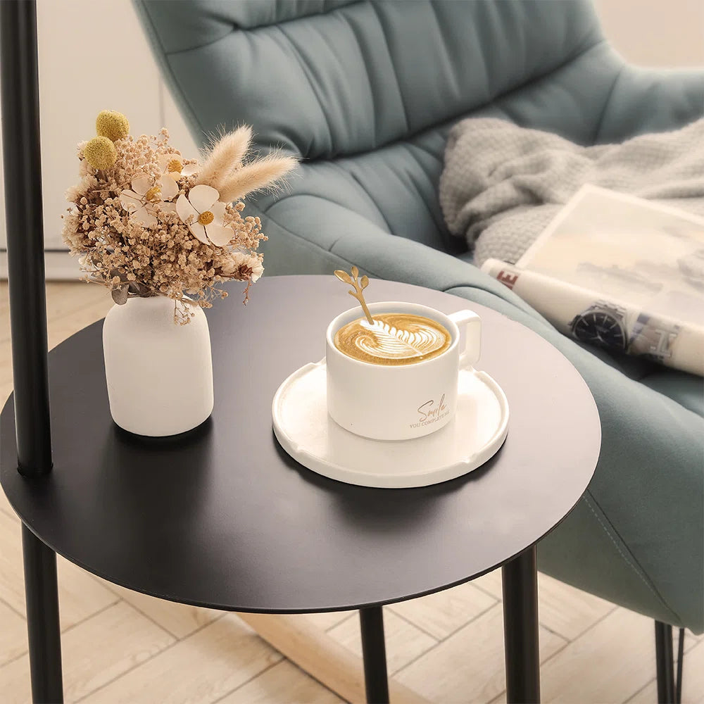 Black metal tray table floor lamp with linen lampshade, 150cm tall, stylish and modern lighting from TheChandelierCo.