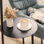Black metal tray table floor lamp with linen lampshade, 150cm tall, stylish and modern lighting from TheChandelierCo.