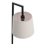 Abhirami 150cm black metal tray table floor lamp with linen lampshade, featuring a modern design and sturdy metal base.