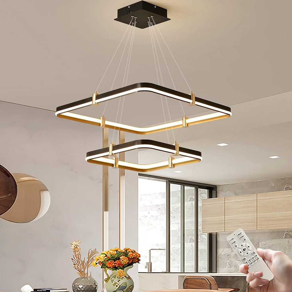 2 Square Rectangle Ring LED Chandelier, Modern Dimmable Pendant Light for Kitchen Island Living Room
