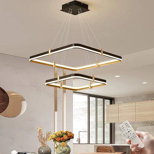 2 Square Rectangle Ring LED Chandelier, Modern Dimmable Pendant Light for Kitchen Island Living Room