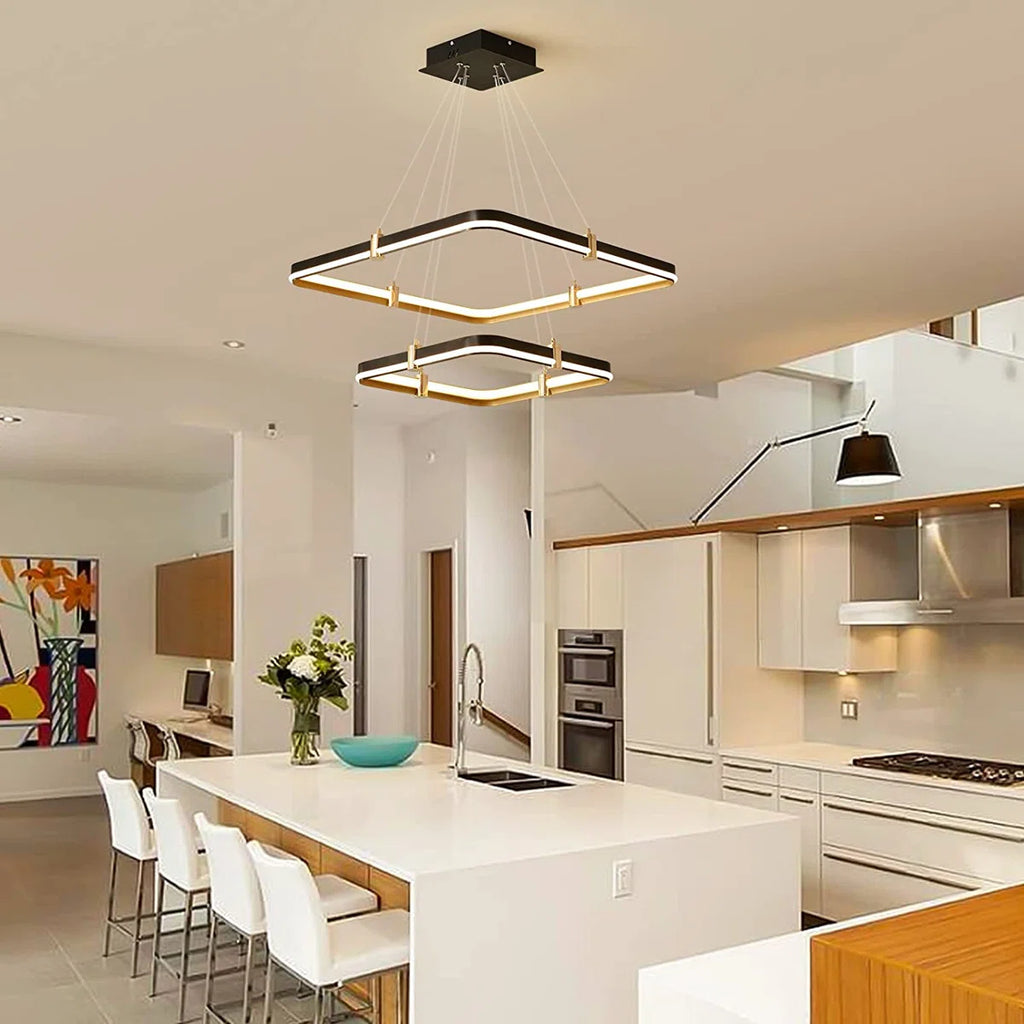 2 Square Rectangle Ring LED Chandelier, Modern Dimmable Pendant Light for Kitchen Island Living Room