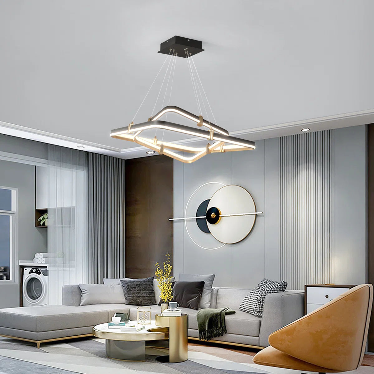2 Square Rectangle Ring LED Chandelier, Modern Dimmable Pendant Light for Kitchen Island Living Room