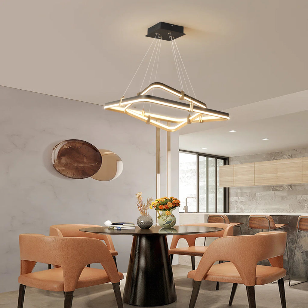 2 Square Rectangle Ring LED Chandelier, Modern Dimmable Pendant Light for Kitchen Island Living Room