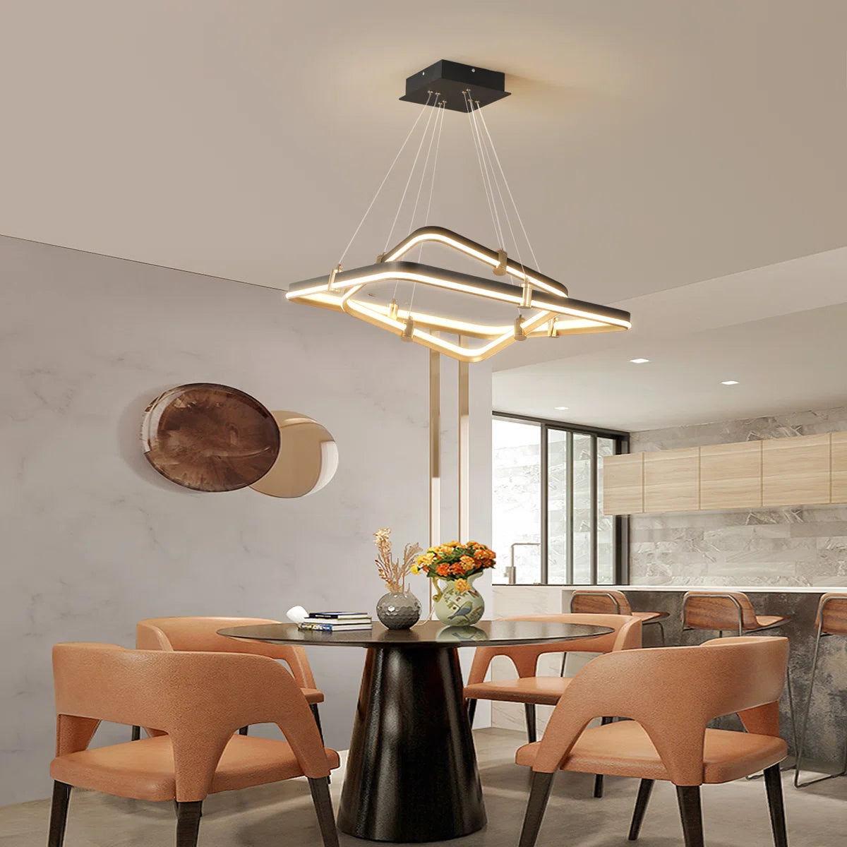 2 Square Rectangle Ring LED Chandelier, Modern Dimmable Pendant Light for Kitchen Island Living Room