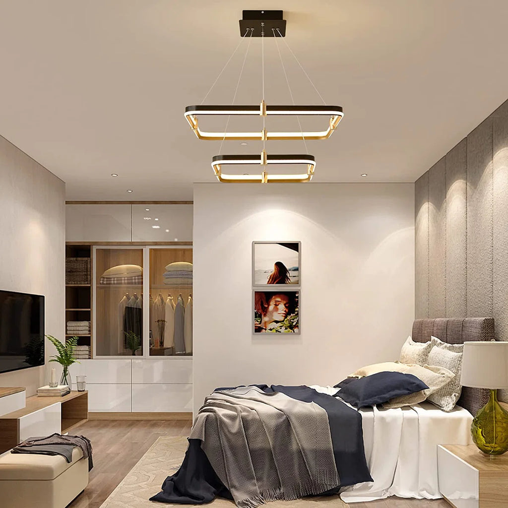 2 Square Rectangle Ring LED Chandelier, Modern Dimmable Pendant Light for Kitchen Island Living Room