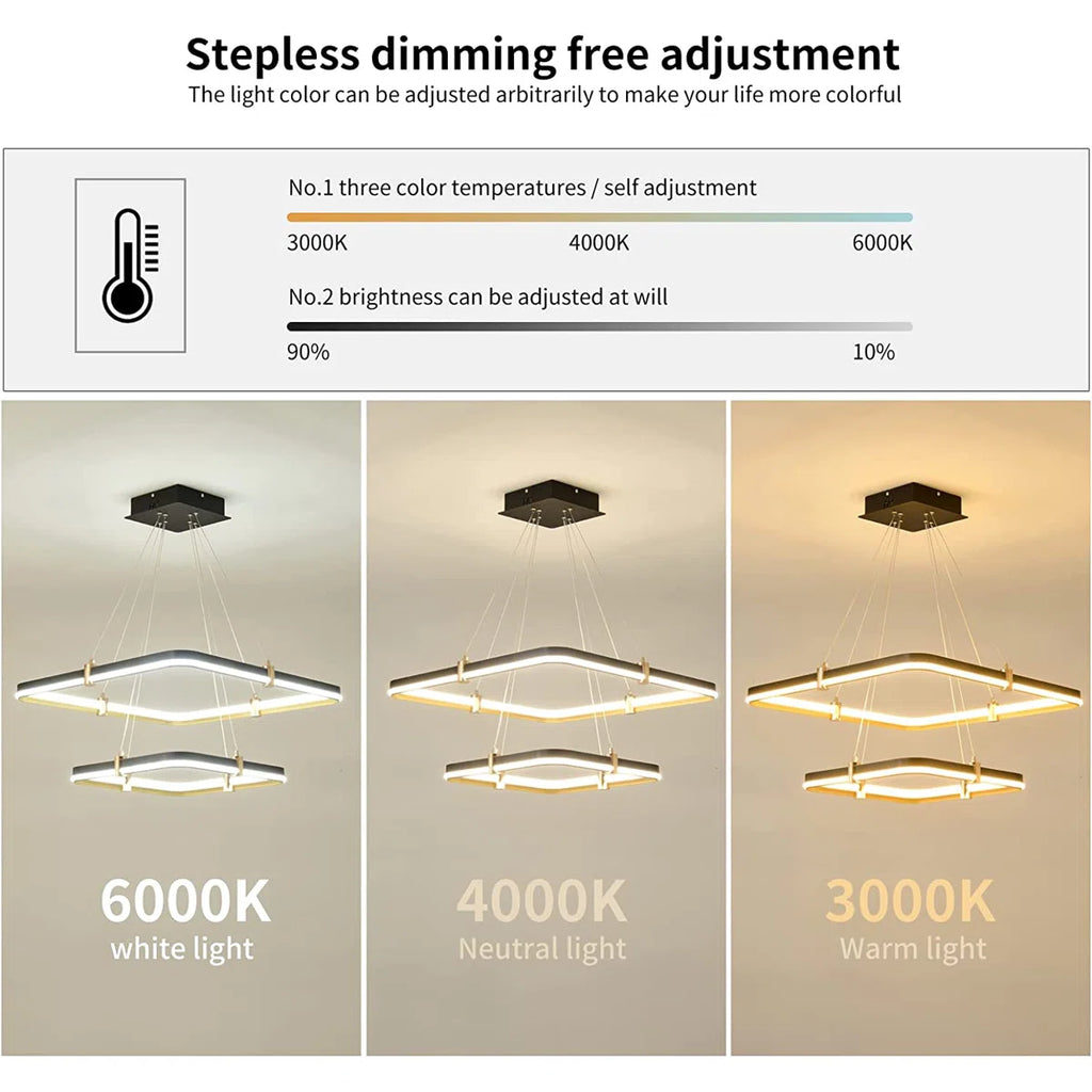 2 Square Rectangle Ring LED Chandelier, Modern Dimmable Pendant Light for Kitchen Island Living Room