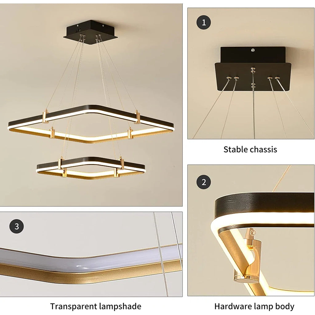 2 Square Rectangle Ring LED Chandelier, Modern Dimmable Pendant Light for Kitchen Island Living Room