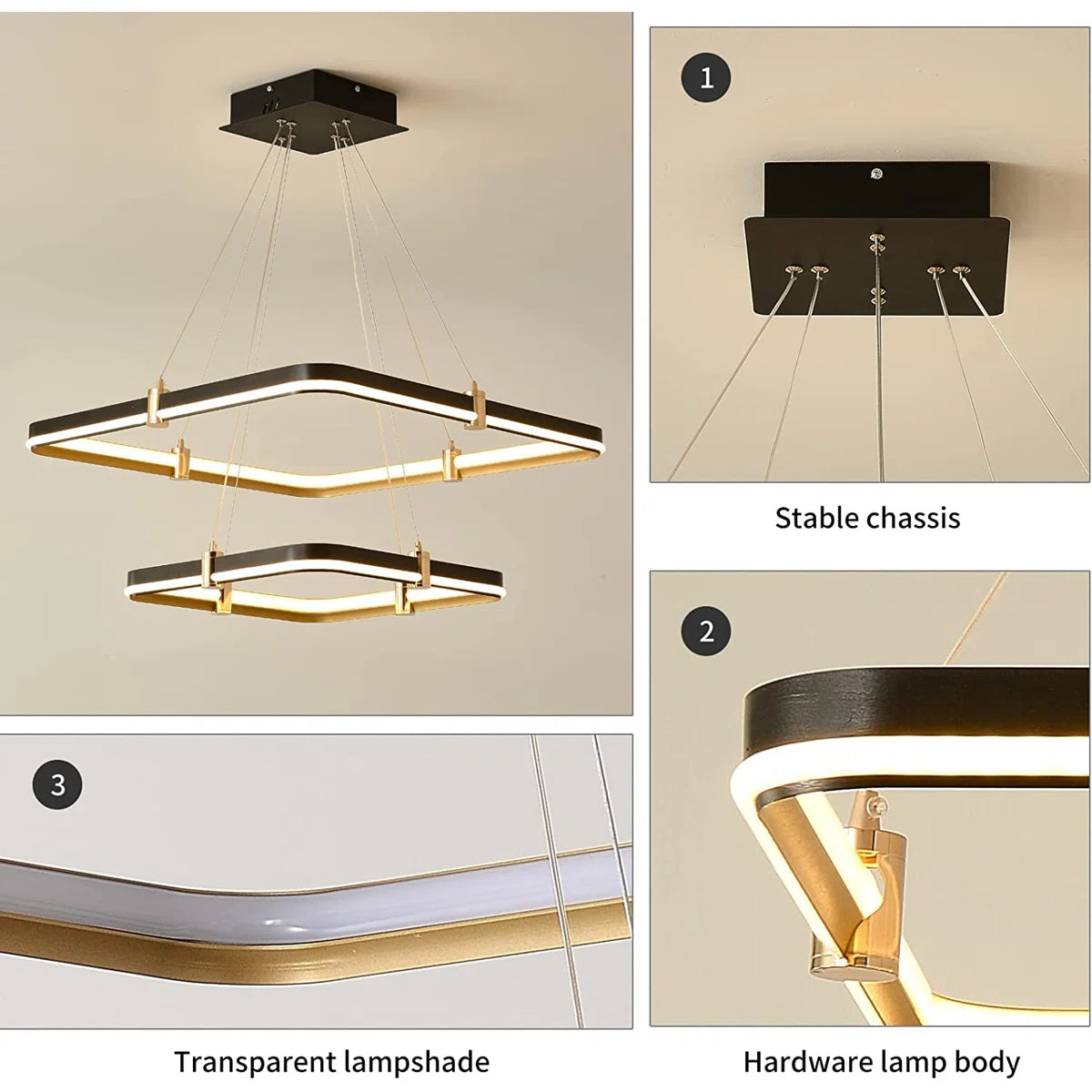 2 Square Rectangle Ring LED Chandelier, Modern Dimmable Pendant Light for Kitchen Island Living Room